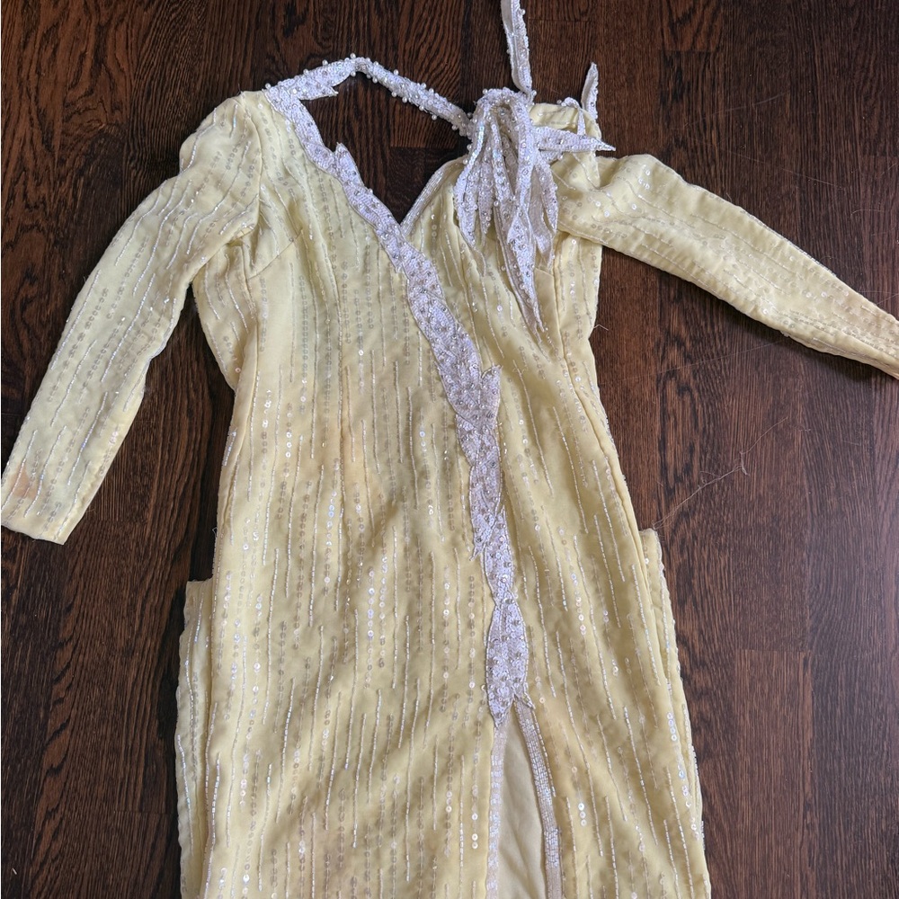 Tacky Prom Yellow Sequin Dress with White Accents